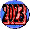 A blue circle with red and black text reading «2023»