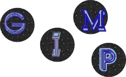 Circle with letters inside of them spelling the word 'GIMP'